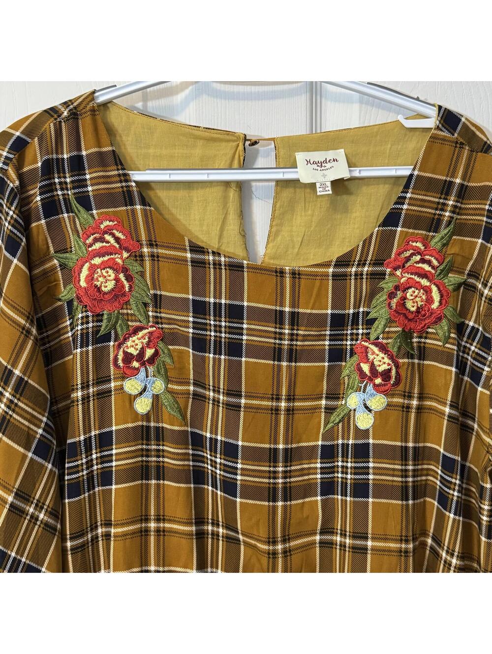 Hayden Mustard Plaid Dress with Floral Embroidery 2XL - Picture 3 of 6